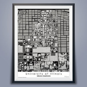 May include: A black and white map of the University of Illinois Urbana-Champaign campus. The map shows the layout of the campus, including buildings, roads, and green spaces. The text "University of Illinois Urbana-Champaign" is printed at the bottom of the map.