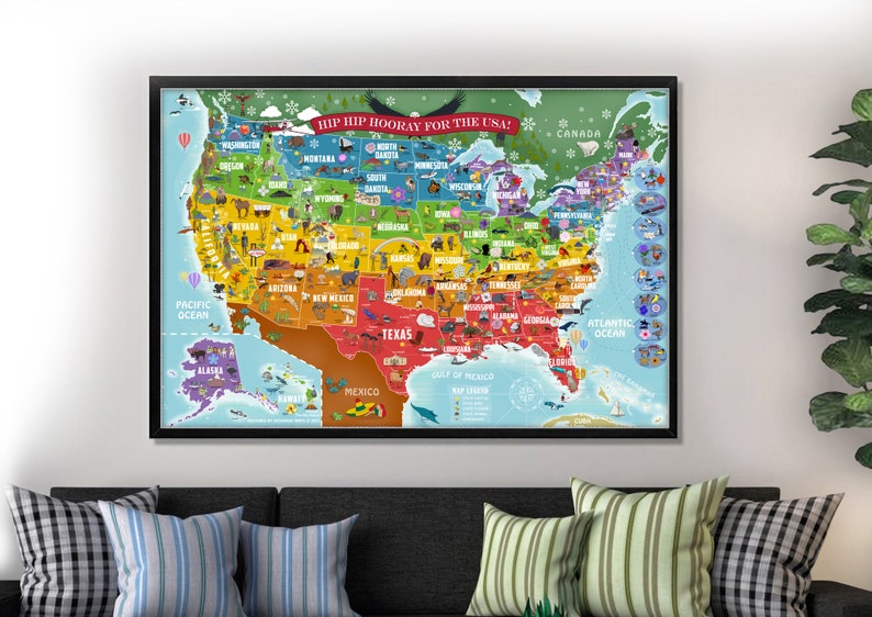 Large usa map for kids colorful beautifully illustrated etsy