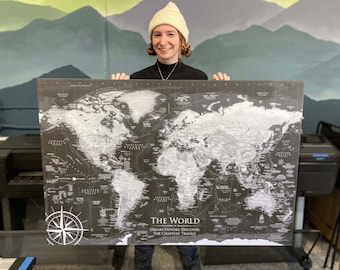 Modern World Map, Slate Grey Colors, Earth Wall Art,  Push Pin Travel Map or Rolled Print, World Traveler Gift, Executive Office