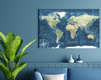 Large World Push Pin Map, Detailed Countries, Framed Map, Stretched Canvas Wrap, or Rolled Poster Print or Cotton Canvas or Wallpaper