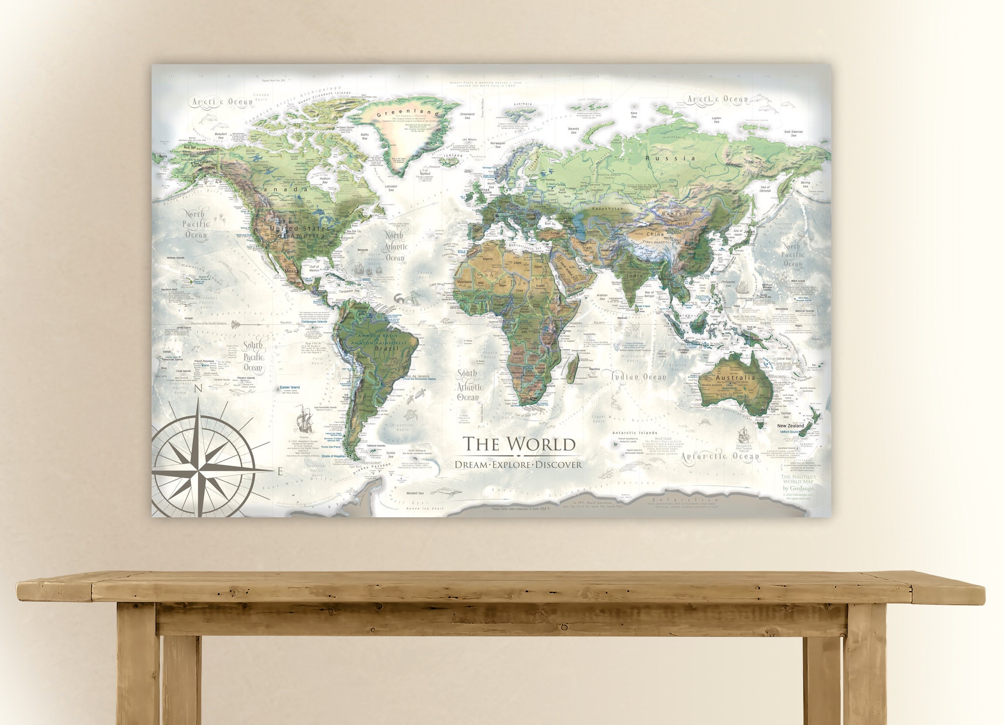 World Map Push Pin Board - The Nautilus World Map with Detailed Cities,  Terrain and Oceanography - Track Your Travels - Large Framed Map - 500 Pins