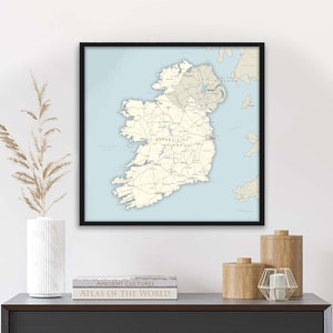 Map of Ireland Framed Wall Art or Print, Detailed Cities with Roads, Large Travel Planning Map, Classical Design, 24x24 inch map