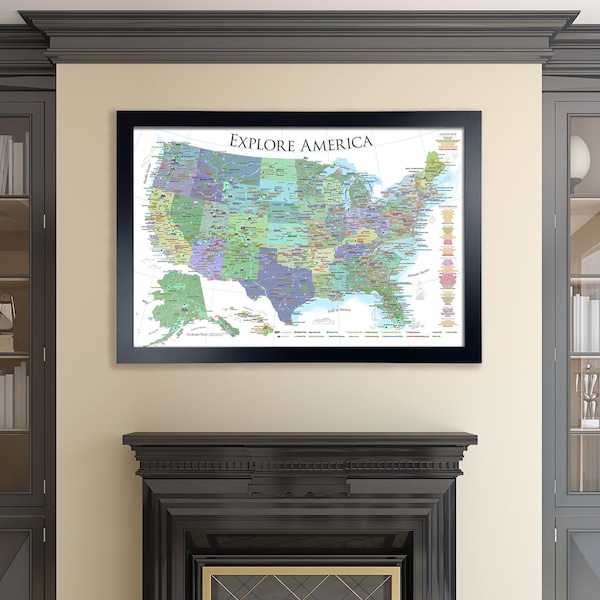 USA Travel Adventure Map with National Parks Historical Sites, Detailed Cities, State Capitals, Interstates, Print or Framed Push Pin