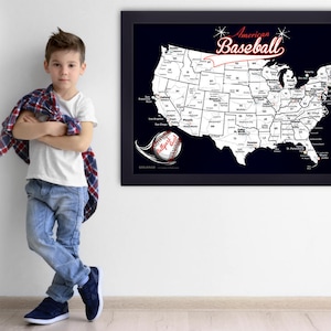 May include: A framed map of the United States with the words "American Baseball" in red script. The map is white with black outlines and state names. A baseball graphic is in the lower left corner. The frame is black.