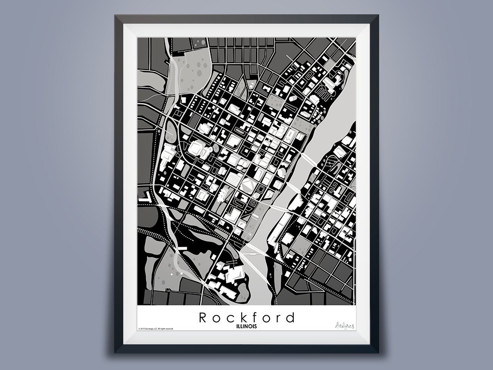 custom city map poster city map wall art decor Personalized black and white digital map download ROCKFORD Illinois IL USA city map print