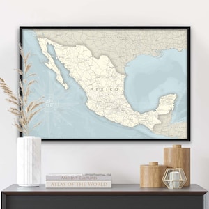 Map of Mexico with states and capitals, Framed Wall Art or Print, Detailed Cities with Roads, Large Travel Artwork, Professional Geography