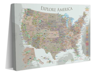 Personalized USA Push Pin Travel Map Labeled for Exploration, Earth Tone America Custom US National Parks Map Handmade Mother's Day Gift