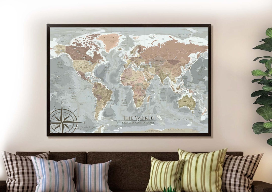 Push Pin Board Map of World or Rolled Print, Modern Vintage Travel Map ...