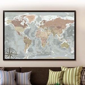 Push Pin Board Map of World or Rolled Print, Modern Vintage Travel Map Modern Cities and Countries, Custom Legend and Title, Travel Gift