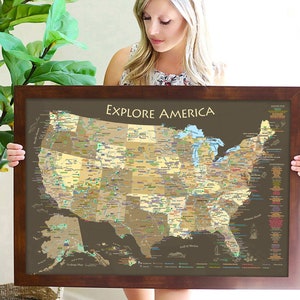 USA Historical Cities, National Parks Map Poster or Framed Push Pin Map, Travel Destinations and Historical Cities and Sites, Travel Gift