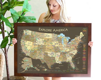 USA Historical Cities, National Parks Map Poster or Framed Push Pin Map, Travel Destinations and Historical Cities and Sites, Travel Gift