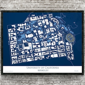 May include: A framed map of the University of California, Berkeley, in shades of blue and white. The map details the campus layout, including buildings, roads, and green spaces. The text "UNIVERSITY OF CALIFORNIA BERKELEY" is displayed at the bottom.
