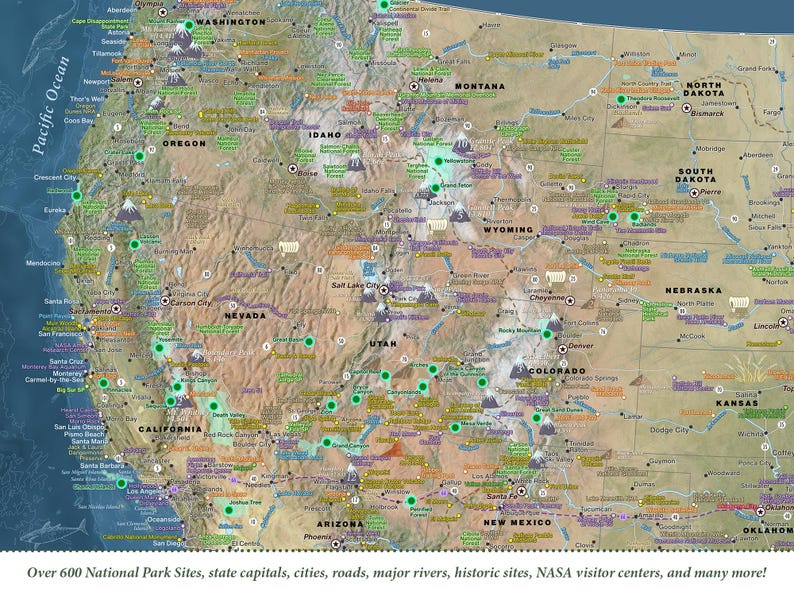 Landform Map of the USA and National Parks, Travel Tracker, Topo
