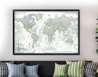 Classic World Map Wall Art, Old World Design with Modern Geography Travel Gift. Custom, Framed Push Pin Board or Rolled Print. Darwin Design
