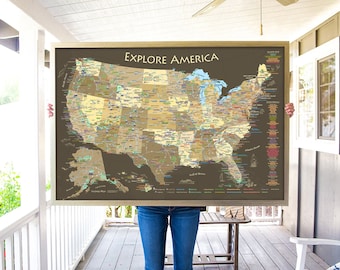USA National Parks Map Framed Push Pin or Print, Capitals and over 600 National Park Sites plus Monuments, Historic Cities and Interstates