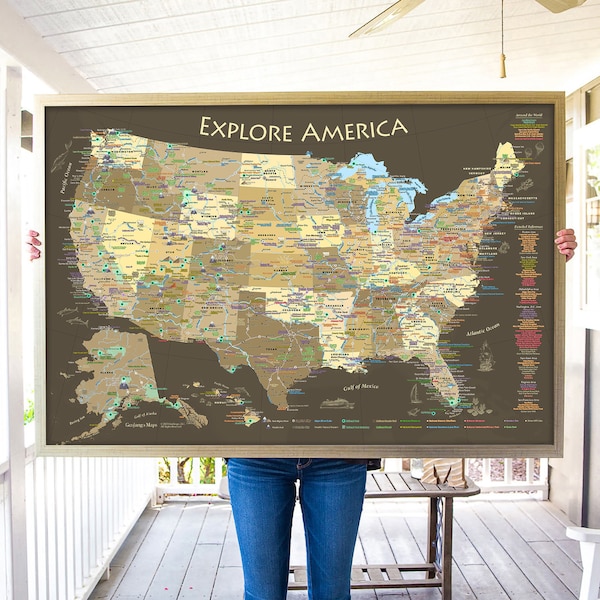 USA National Parks Map Framed Push Pin or Print, Capitals and over 600 National Park Sites plus Monuments, Historic Cities and Interstates