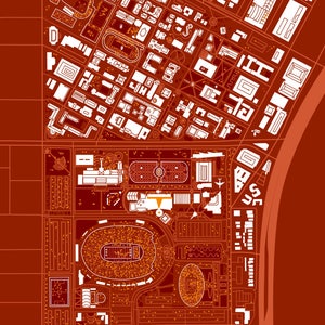 May include: A red and white map of the University of Southern California campus with orange dots representing locations. The map shows the football stadium, athletic fields, and buildings.