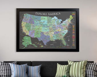 Personalized Detailed USA National Parks Map, Camper Travel, Interstates, Route 66, Monuments, Historical Sites, Poster, Framed Push Pin Map