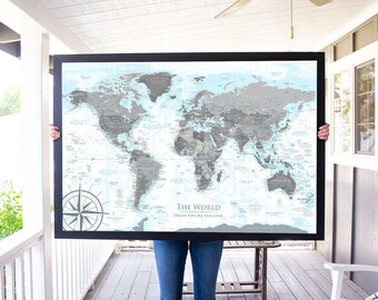 World Map Wall Art, Black & White, World Map Push Pin Travel Map, Large Wall Map, Designed by a Professional Geographer