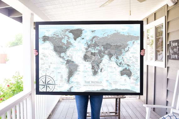 World Map Wall Art, Black & White, World Map Push Pin Travel Map, Large Wall Map, Designed by a Professional Geographer