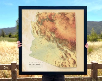 Arizona Map Topographic Shaded Relief, Elevation, Hydrology, Roads, Lakes, Rivers, Fine Art Print or Beautiful Solid Wood Framed Map Art
