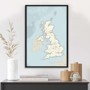 Map of The UK Framed Wall Art or Print, Detailed Cities with Roads, Large Travel Artwork, Classical Design