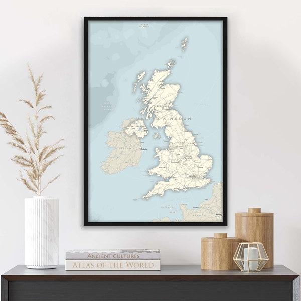 Map of The UK Framed Wall Art or Print, Detailed Cities with Roads, Large Travel Artwork, Classical Design