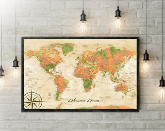 Watercolor World Map - Detailed Geography - Created by a Professional Cartographer - Choose Rolled Print or Framed Push Pin Map