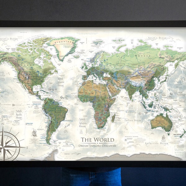 Detailed Map of the World for Pinning Travel, Custom Legend, Framed Map or Rolled Print, Includes USA National Parks, Professional Geography