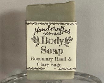 Handcrafted Rosemary Basil Clary Sage Body Soap, French Green Clay, Shea Butter