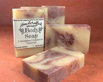 Handmade Patchouli Lemongrass Cedarwood Soap Bar, Exfoliating Body Wash