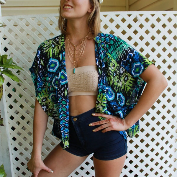 Aztec Kimono Jacket for Women- blue and green printed cotton