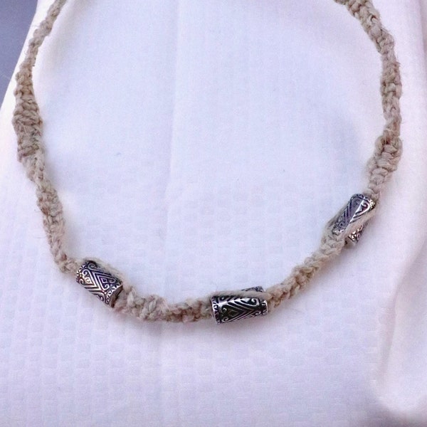 Silver Beaded Hemp Macrame Choker Necklace - 19in / 53cm