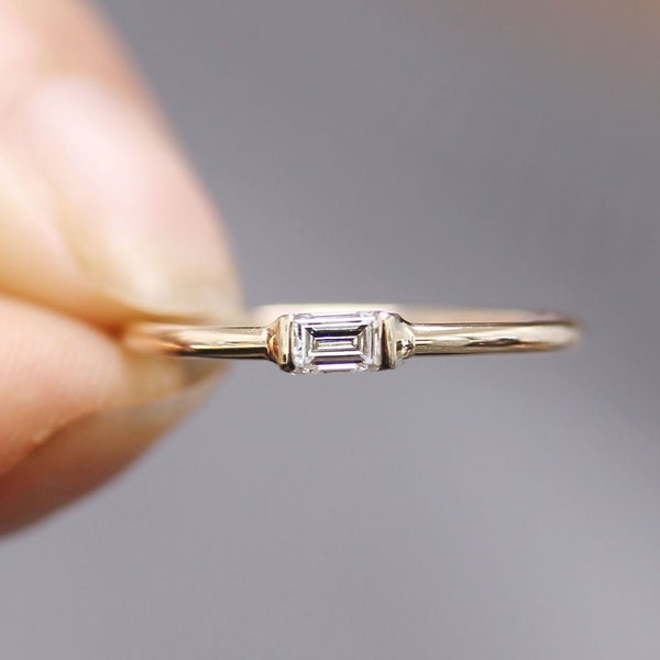 14K Solid Gold Baguette Diamond Ring: Simple Stacking Band