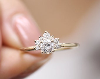 Diamond Engagement Ring,Yellow Gold Diamond Ring, Cluster Half Diamond Ring, Diamond Halo Ring,14k Solid Gold Engagement Ring