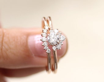 Round diamond Wedding ring Set, Diamond Engagement Ring,Yellow Gold Diamond Ring,Diamond Matching Wedding Band,Diamond Engagement Ring