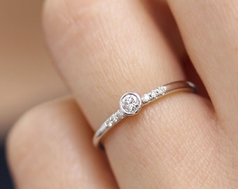 14k White Gold Round Brilliant Cut Diamond Engagement Ring With Micro Pave Band, Thin Dainty Bezel Set Engagement Ring with Diamond Band