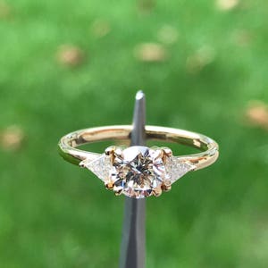 Round Diamond And Trillant Diamond 14K Gold Engagement Ring,3 Diamonds Simple Wedding Ring image 2