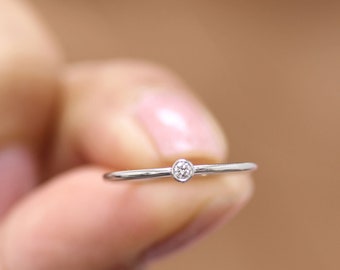 Round Diamond Stacking Ring In 14k Yellow Gold,Simple Thin Ring,Dainty Band Diamond Ring,Engagement Diamond Ring