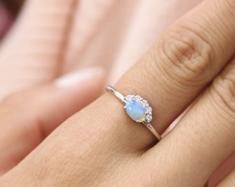 Yellow Gold Opal Diamond Ring, Round Diamond Engagement Ring, Diamond Halo Ring, Diamond Crown Cluster Ring,Dainty Wedding Rose Gold Ring
