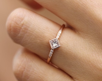 Princess Cut Diamond Engagement Ring: 14k Solid Gold, Simple Band