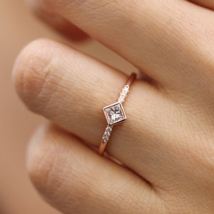 Princess Cut Diamond Engagement Ring: 14k Solid Gold, Simple Band