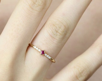 Princess Cut Ruby Engagement Ring In 14k Gold,Thin Simple Engagement Ring,Stacking Gold Ring