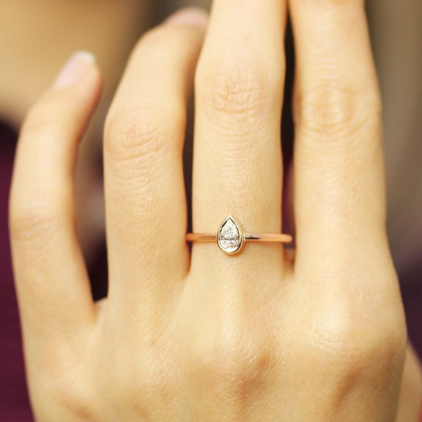 14k Solid Gold Pear Diamond Engagement Ring: Bezel Set Wedding Ring