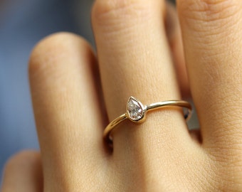 0.15 carat Pear Diamond Engagement Ring In Bezel Setting,Solitaire Pear Diamond Engagement Ring,Simple Wedding Ring
