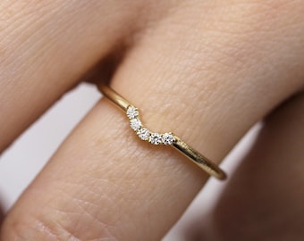 Diamond Matching Band, 14k Gold Cluster Ring, Diamond Crown Ring, Curved Wedding Diamond Ring