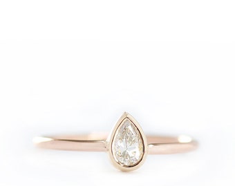 14k Solid Gold Pear Shape Diamond Engagement Ring In Bezel Set,Simple and Elegant Wedding Ring