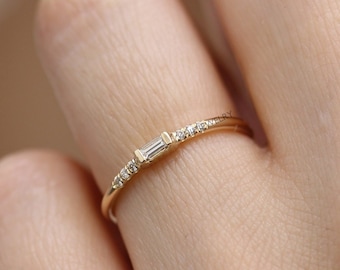 14k Gold Baguette Diamond Engagement Ring: Dainty Stackable Band