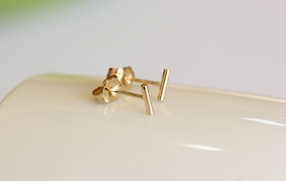 Solide 14K Gelbgold Perlen Gebogene Bar Ohrstecker Echte Diamant Solitär Ohrringe Stud