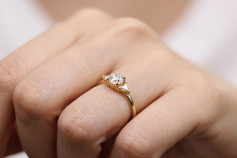 Round Diamond And Trillant Diamond 14K Gold Engagement Ring,3 Diamonds Simple Wedding Ring image 6
